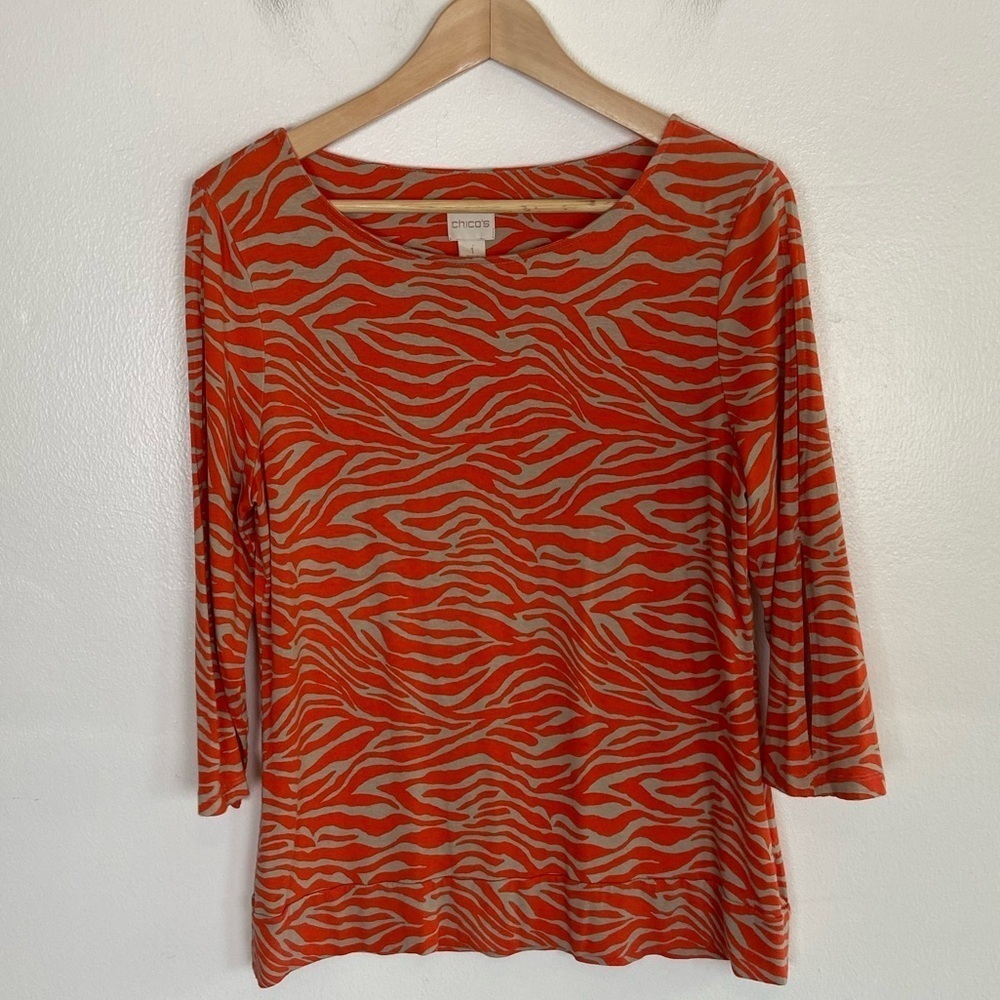Chico's Women's Soft Knit Top Size 1 US M 3/4 Sleeve Orange Zebra Animal Print